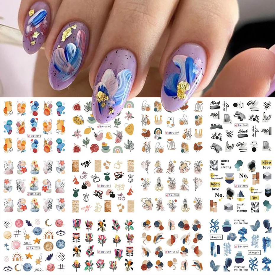 12 pcs Nail Sticker Set Summer Water Decal Nail Art Ink Flowers Leaves Graffiti Slider for Nail Decoration Foils Tattoo thumbnail 6