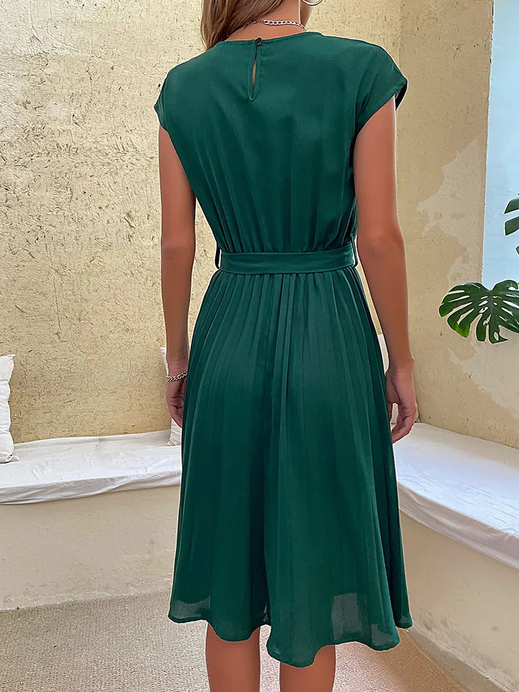 Elegant Women Summer Casual Beach Sundress Short Sleeve Pleated Midi Dress Soild Colour O Neck Tunic Dresses Fashion thumbnail 5