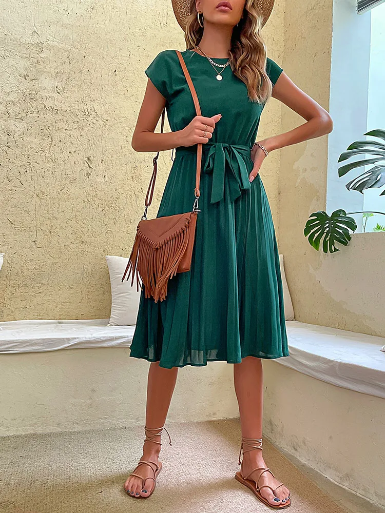 Elegant Women Summer Casual Beach Sundress Short Sleeve Pleated Midi Dress Soild Colour O Neck Tunic Dresses Fashion thumbnail 3