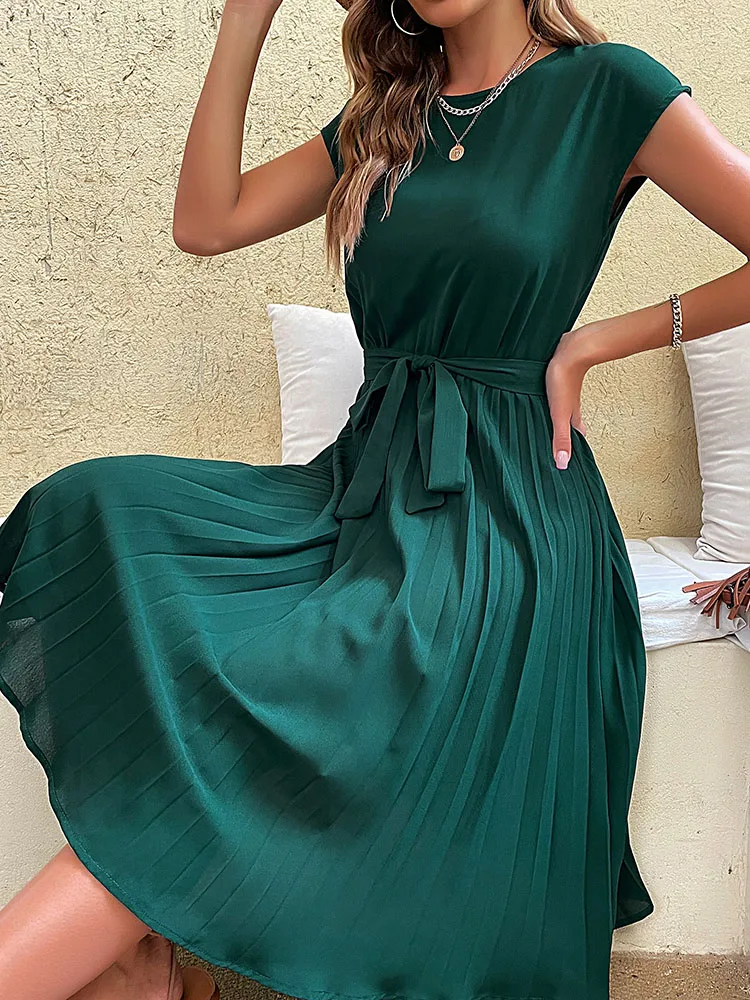 Elegant Women Summer Casual Beach Sundress Short Sleeve Pleated Midi Dress Soild Colour O Neck Tunic Dresses Fashion thumbnail 4