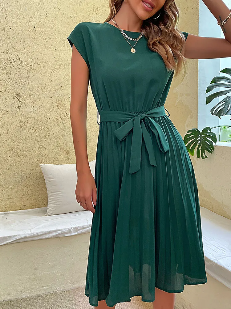 Elegant Women Summer Casual Beach Sundress Short Sleeve Pleated Midi Dress Soild Colour O Neck Tunic Dresses Fashion thumbnail 2