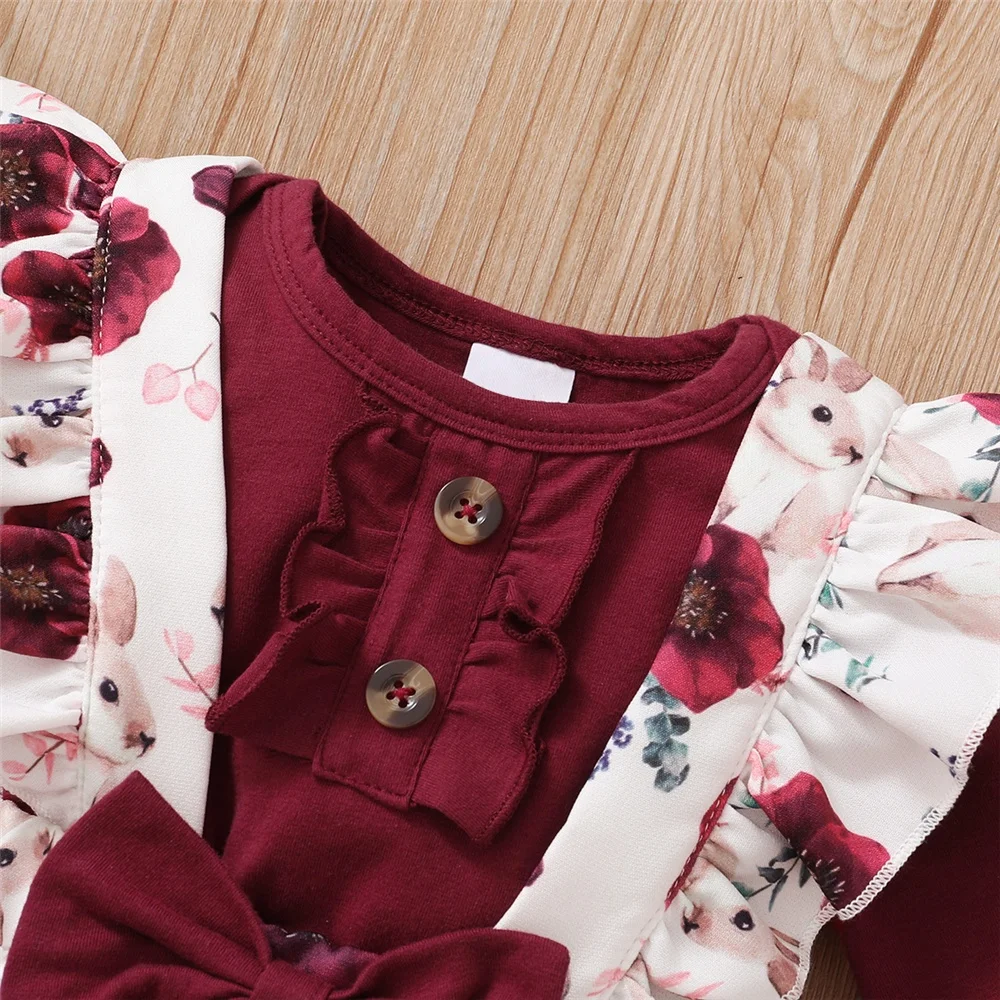 0-18Months Baby Girl Clothes Set Red Color Long Sleevs Bodysuit + Flower Strap Pants 2PCS Infant Girl New Years Clothing Suit thumbnail 3