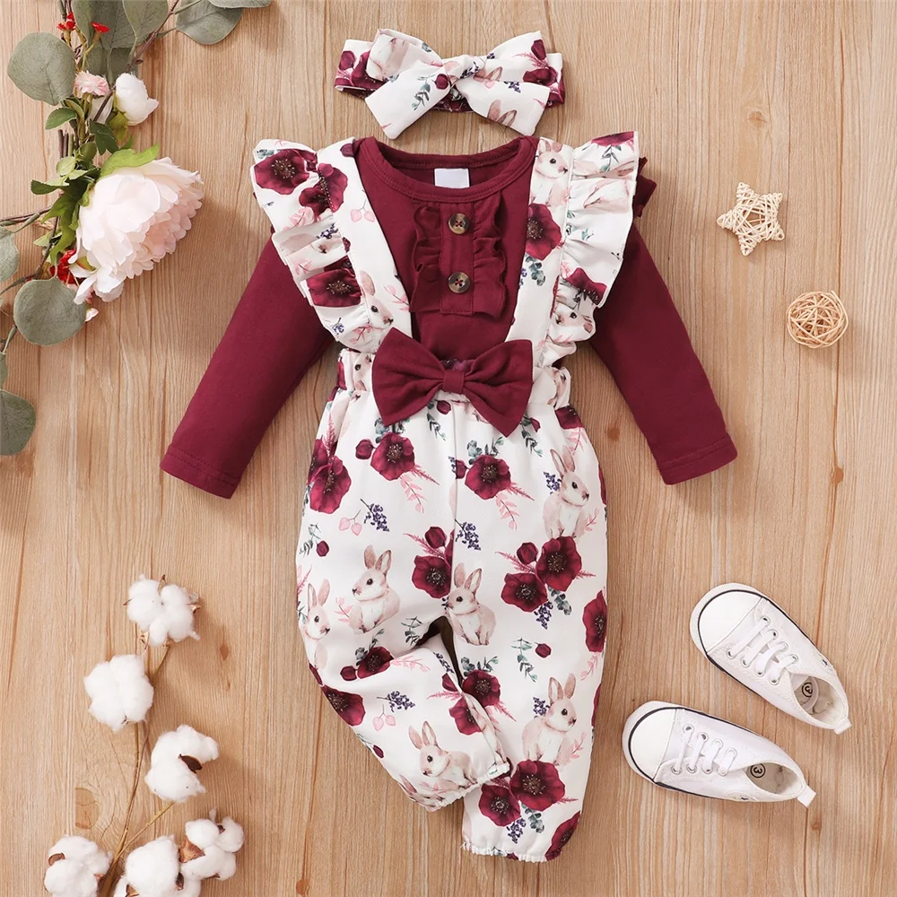 0-18Months Baby Girl Clothes Set Red Color Long Sleevs Bodysuit + Flower Strap Pants 2PCS Infant Girl New Years Clothing Suit thumbnail 2
