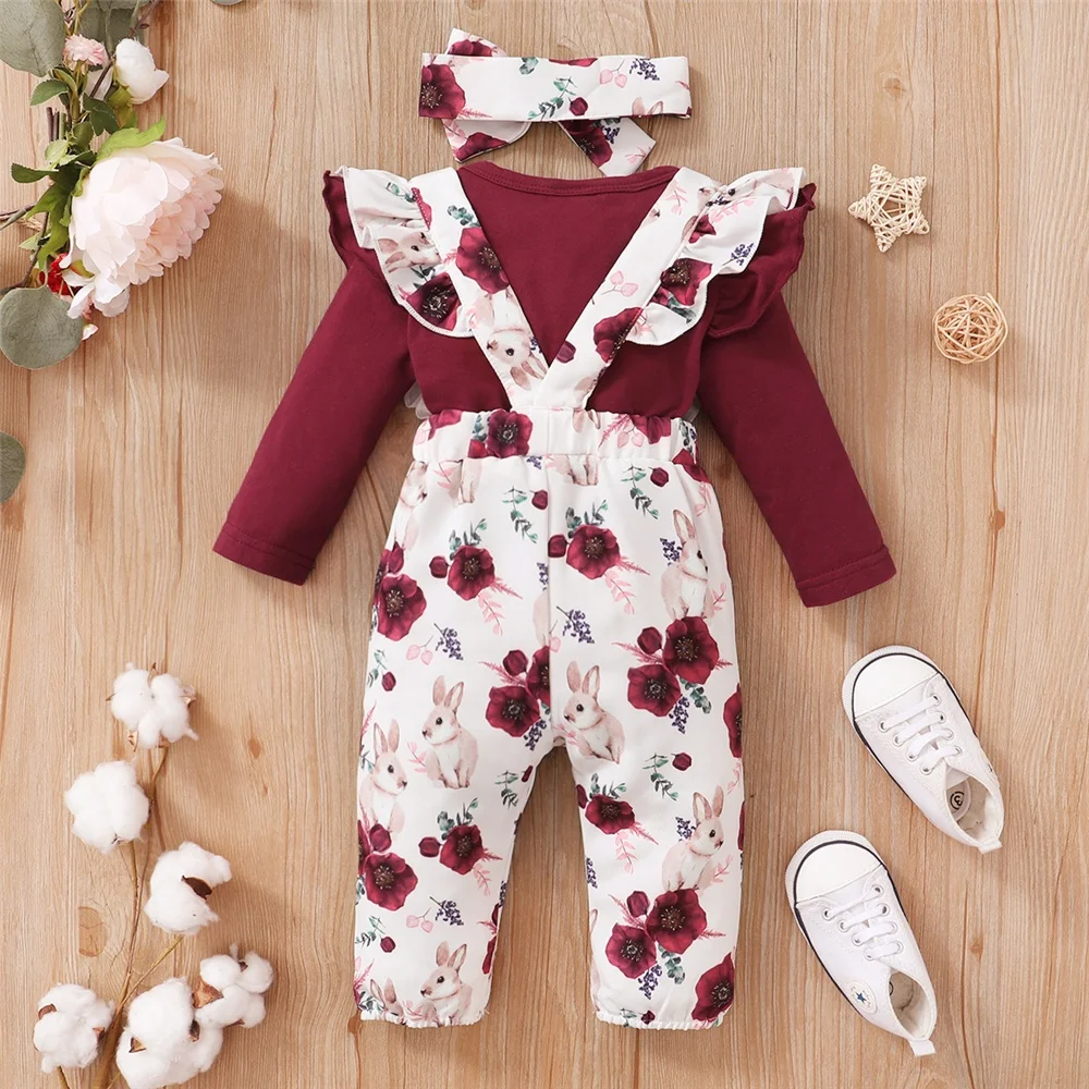 0-18Months Baby Girl Clothes Set Red Color Long Sleevs Bodysuit + Flower Strap Pants 2PCS Infant Girl New Years Clothing Suit thumbnail 6