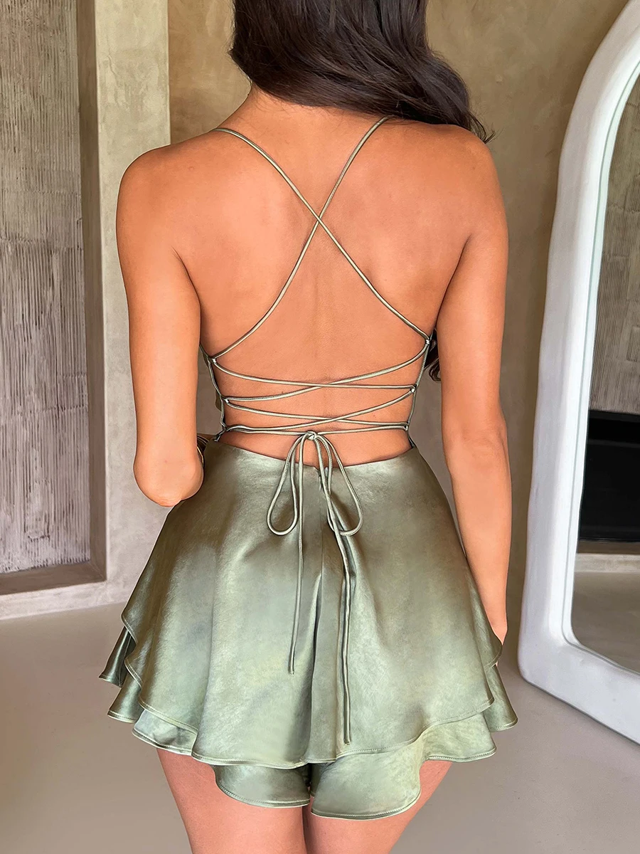 Women Sleeveless Satin Playsuits Fashion Summer Short Sling Backless Jumpsuits Cross Tie-Up Bandage Romper Streetwear Outfit thumbnail 5