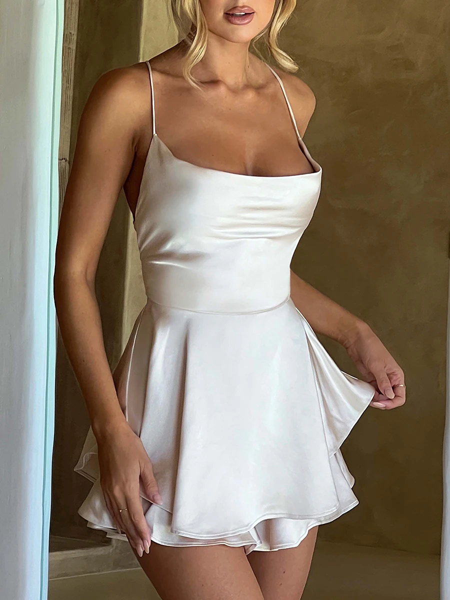 Women Sleeveless Satin Playsuits Fashion Summer Short Sling Backless Jumpsuits Cross Tie-Up Bandage Romper Streetwear Outfit thumbnail 3