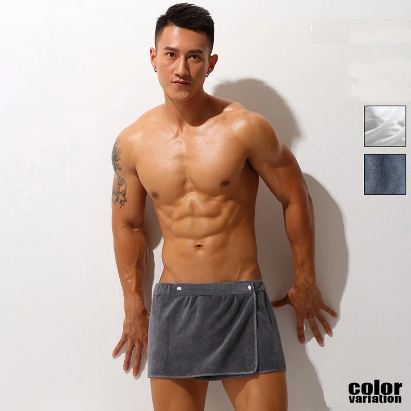 Sexy Sleep Bottoms Man Microfiber Pajamas Men Nightwear Short towel Pants Side Split Bathrobe Culottes Soft Thick thumbnail 4