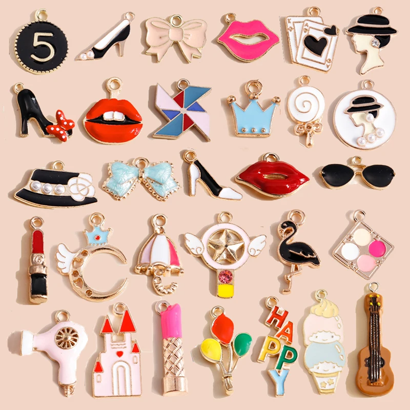 10pcs Mix Cute Girls Bow Balloon Lipstick Highheel Charms Pendants for Necklaces Earrings Keychain DIY Jewelry Making Accessory