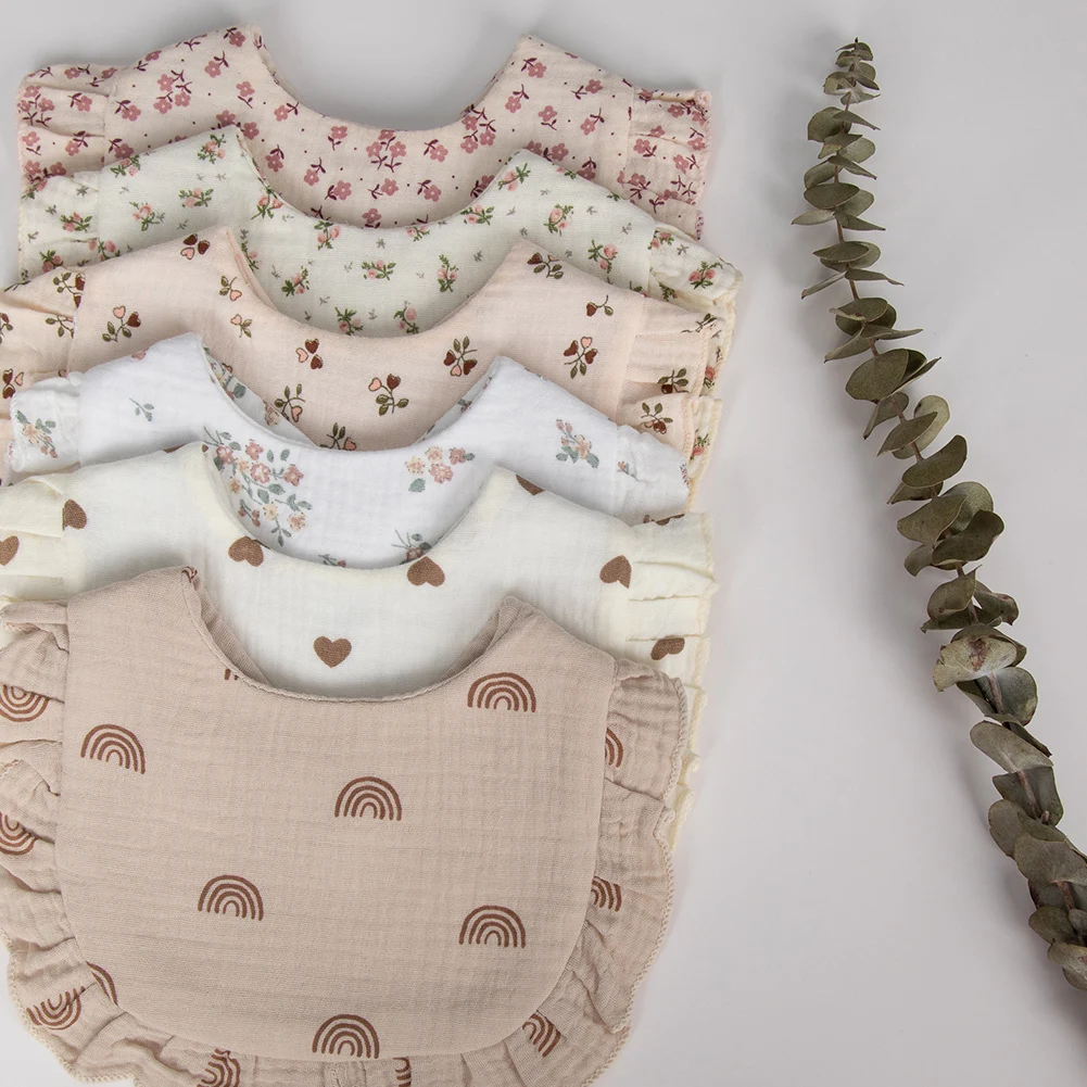 Flower Print Baby Bibs Adjustable Snap Saliva Towel Ruffled Edge Muslin Cotton Burp Cloths Rainbow A Grade Girls Feeding Scarf thumbnail 6