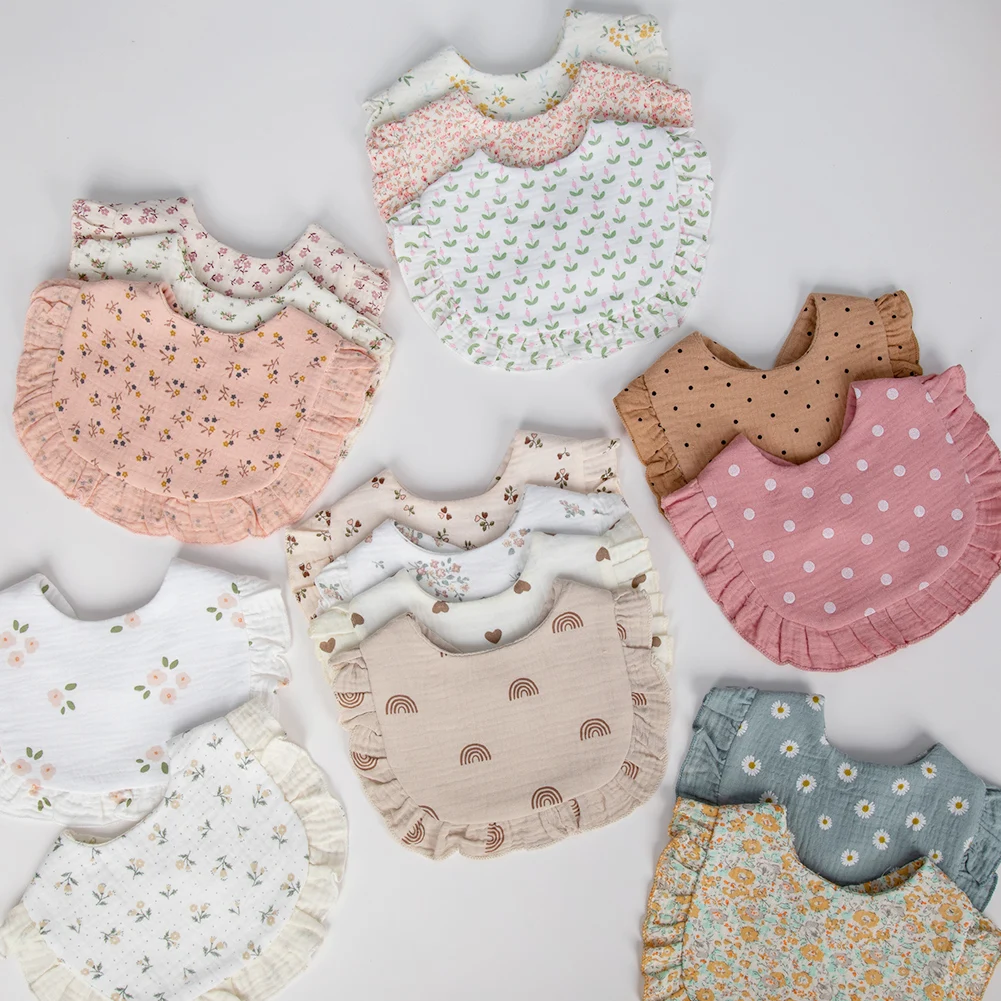 Flower Print Baby Bibs Adjustable Snap Saliva Towel Ruffled Edge Muslin Cotton Burp Cloths Rainbow A Grade Girls Feeding Scarf thumbnail 5