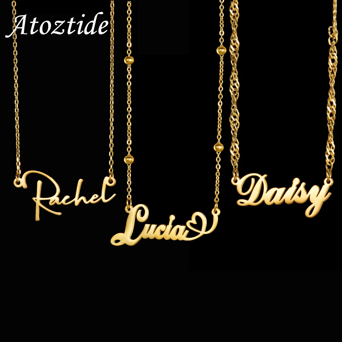 Atoztide Personalized Custom Name Necklaces Wave Chain for Women Stainless Steel Collares Pendant Mother Kids Jewelry Gift