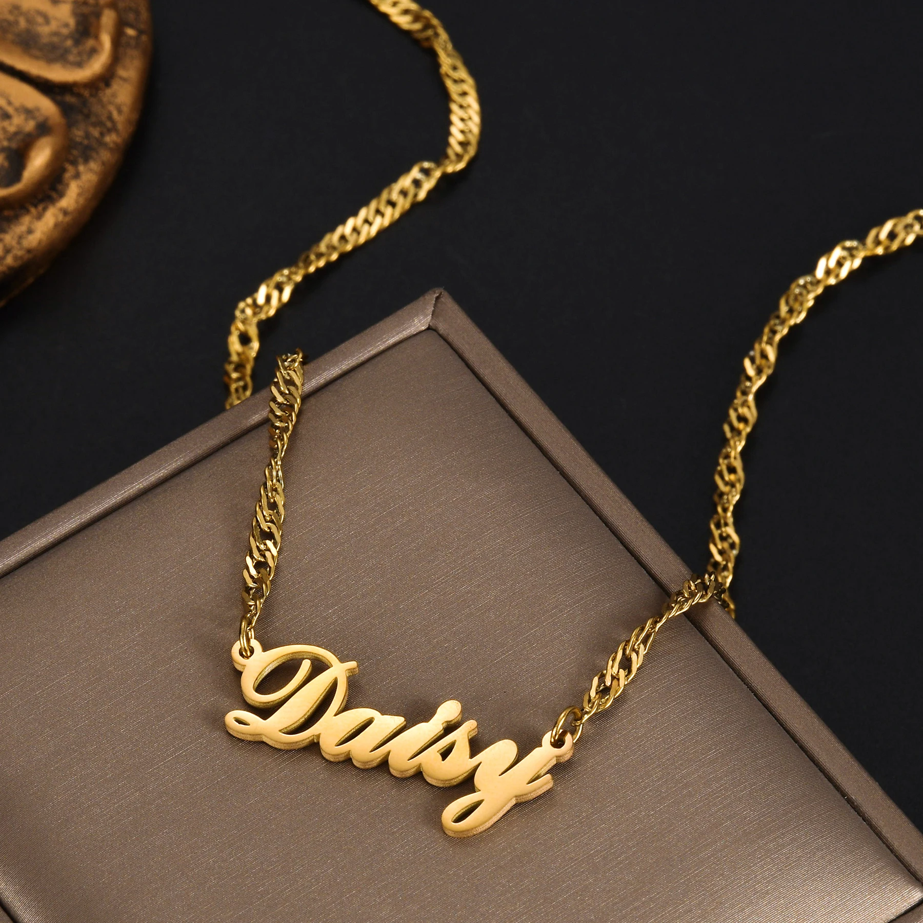 Atoztide Personalized Custom Name Necklaces Wave Chain for Women Stainless Steel Collares Pendant Mother Kids Jewelry Gift thumbnail 3