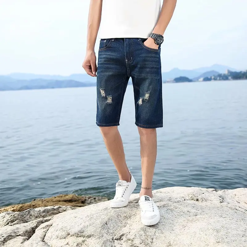 29-40 New Summer Men's Personalized Washable Perforated Denim Pants Large Casual Middle Pants thumbnail 5
