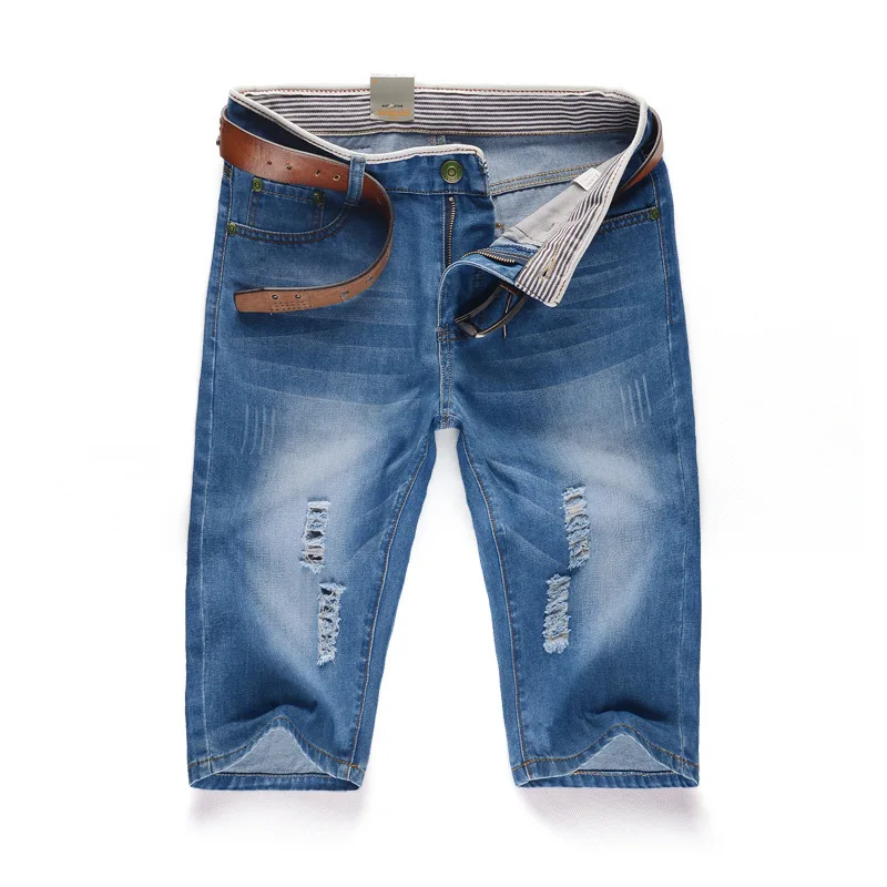 29-40 New Summer Men's Personalized Washable Perforated Denim Pants Large Casual Middle Pants thumbnail 2