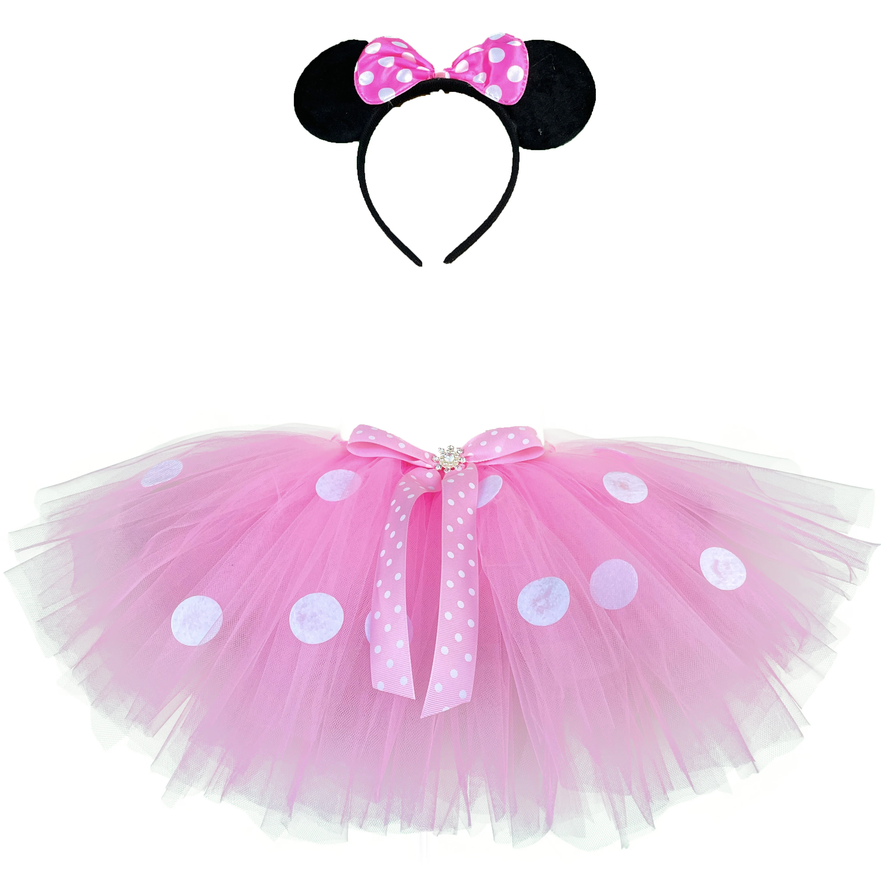 Girls Pink Cartoon Tutu Skirts Baby Ballet Tulle Pettiskirts with White Polka Dots and Hairbow Kids Cosplay Party Costume Skirt