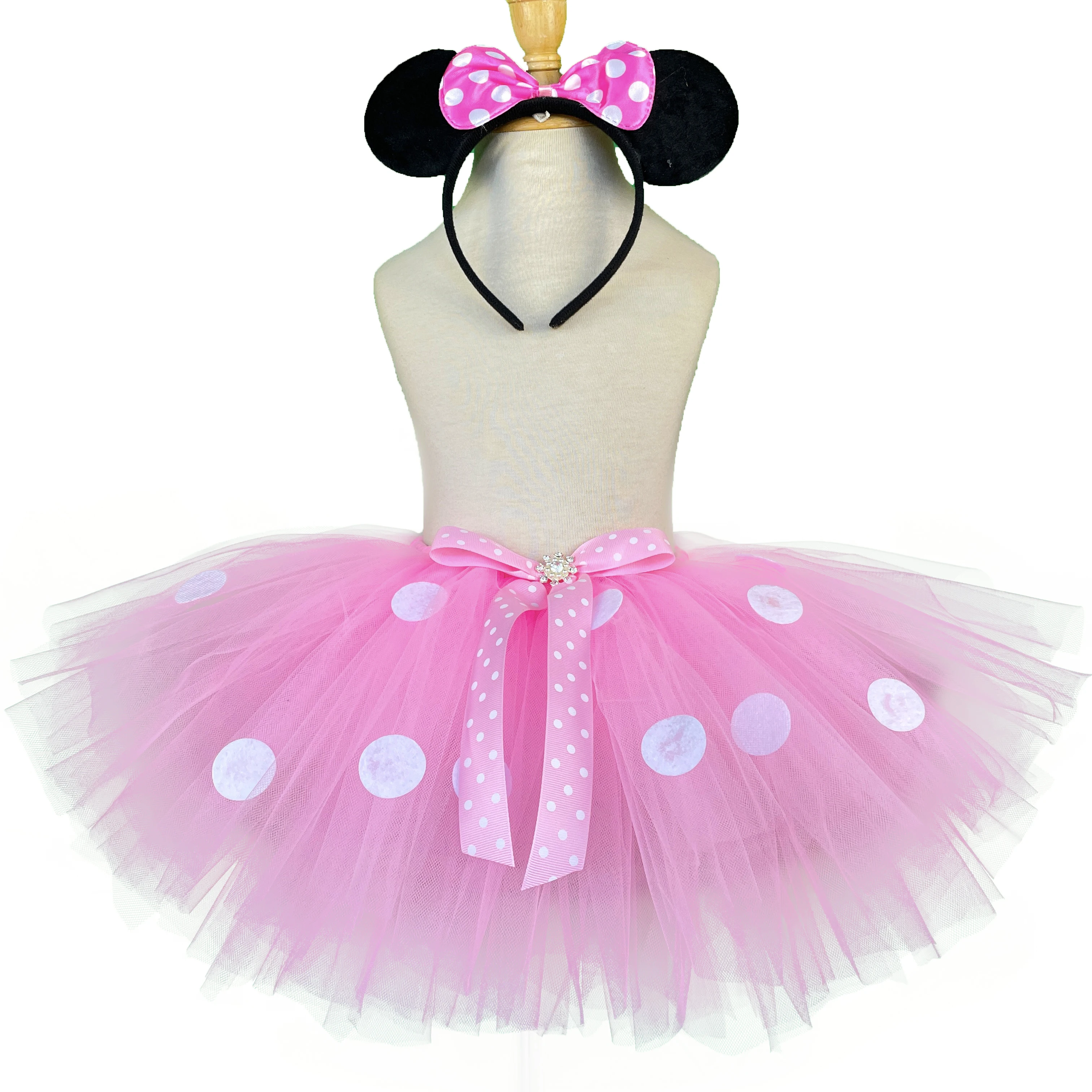 Girls Pink Cartoon Tutu Skirts Baby Ballet Tulle Pettiskirts with White Polka Dots and Hairbow Kids Cosplay Party Costume Skirt thumbnail 4