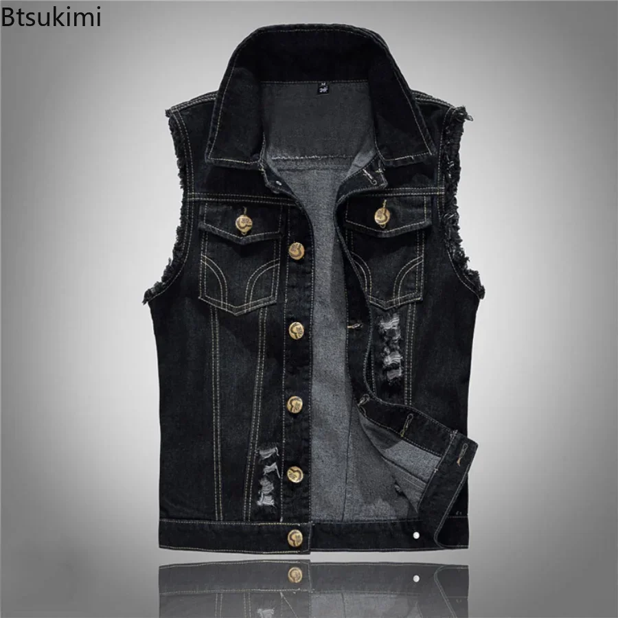 2025 Men's Fashion Jeans Sleeveless Jacket Vest Male Black Blue Denim Jeans Vest  Man Cowboy Outdoors Waistcoat Mens Jacket Vest thumbnail 2