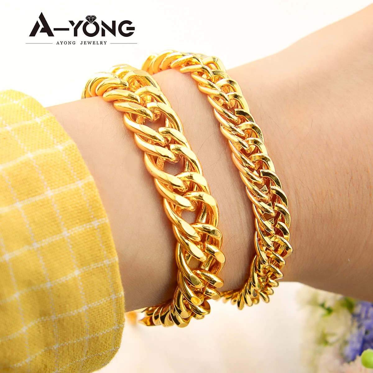 Luxury Saudi Gold Plated Necklace Bracelet 21k Italian Simple Cuban Chunky Chains Middle Eastern Dubai Women Event Party Jewelry thumbnail 4