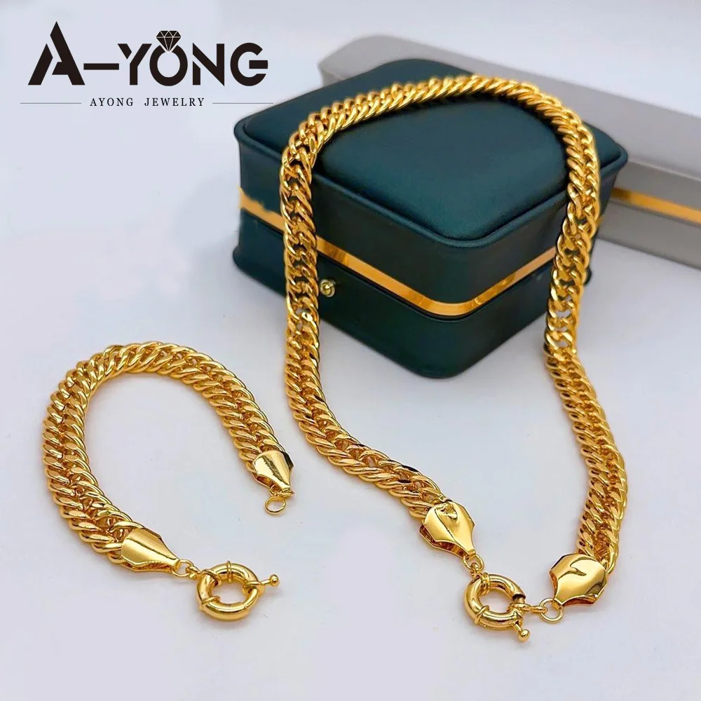 Luxury Saudi Gold Plated Necklace Bracelet 21k Italian Simple Cuban Chunky Chains Middle Eastern Dubai Women Event Party Jewelry thumbnail 3
