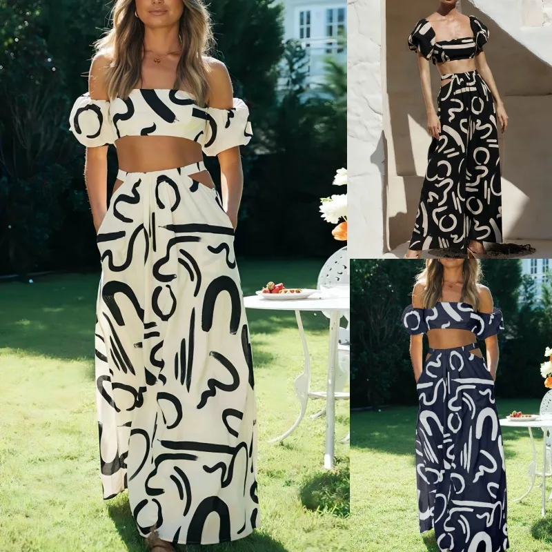 Two Piece Sets Fashion New Print Solid Color Puff Sleeve Zipper Breast Wrap Crop Top & Hollow Out Waist Big Hem Dress Suits Lady thumbnail 6