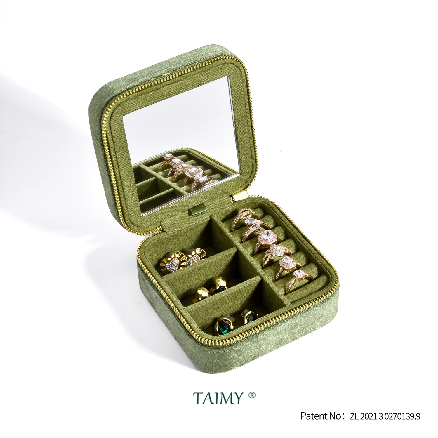 TAIMY Vintage Velvet Travel Jewelry Storage Ring Box Flip with Mirror Organizer Support Logo Custom Retro Green Jewelry Box