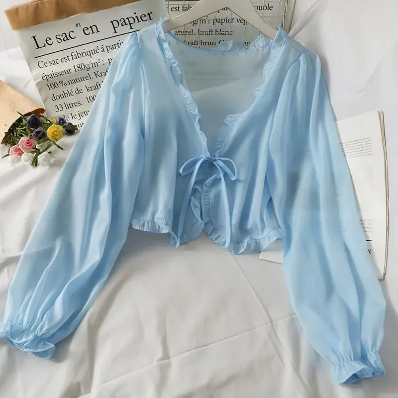 Women Summer Sun Protection Coat Lace Bow Ruffle Cardigan Shirt Female Blouse Tops for Woman Covers Blusa White Y2K Korean Shirt thumbnail 5