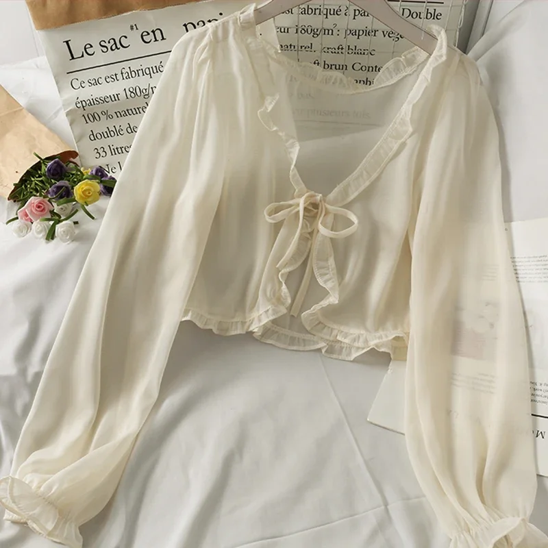 Women Summer Sun Protection Coat Lace Bow Ruffle Cardigan Shirt Female Blouse Tops for Woman Covers Blusa White Y2K Korean Shirt thumbnail 4