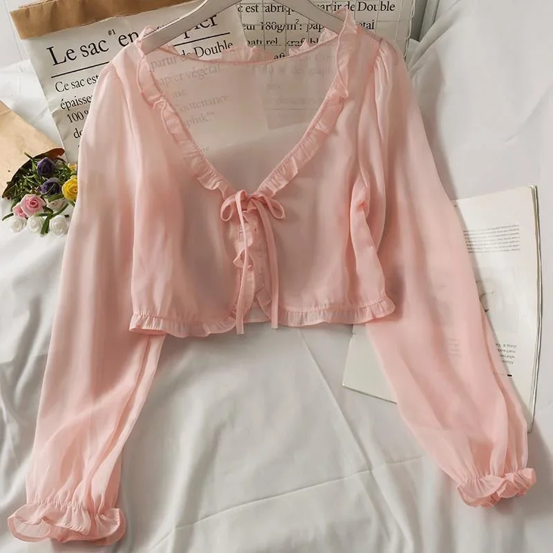 Women Summer Sun Protection Coat Lace Bow Ruffle Cardigan Shirt Female Blouse Tops for Woman Covers Blusa White Y2K Korean Shirt thumbnail 2