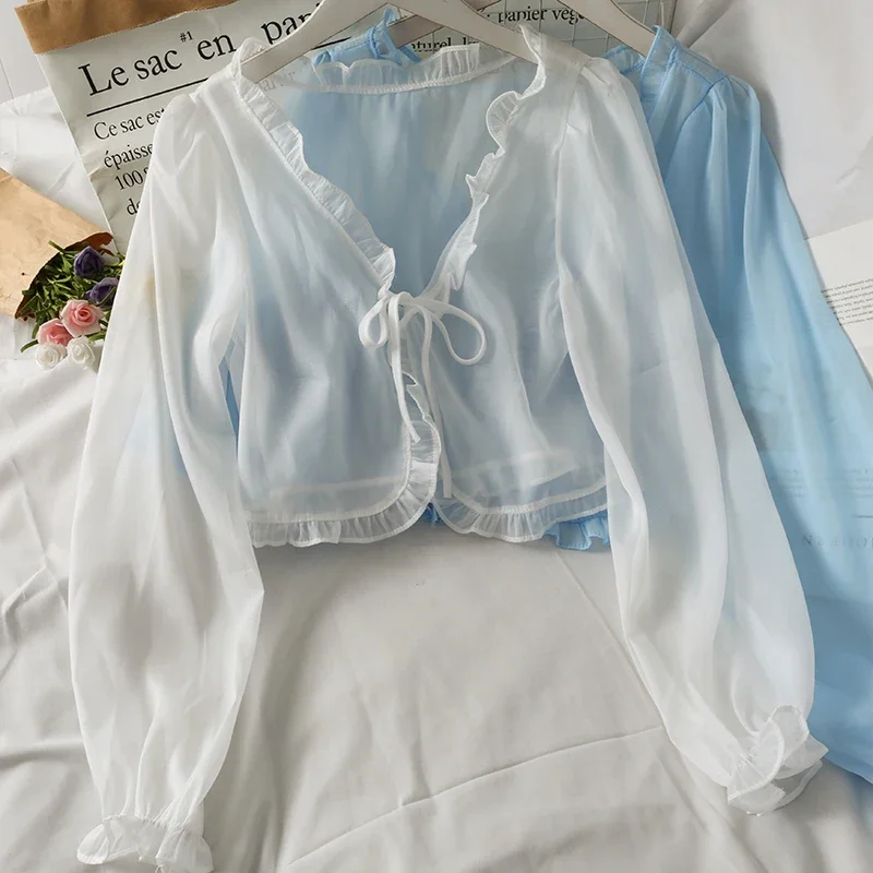Women Summer Sun Protection Coat Lace Bow Ruffle Cardigan Shirt Female Blouse Tops for Woman Covers Blusa White Y2K Korean Shirt thumbnail 3