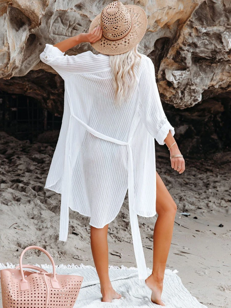 Beach Shirts Bikini Cover Ups for Women Self Belted Kimono Dress Elegant Swimsuit Covers Holiday Bathing Suits Beachwear thumbnail 4