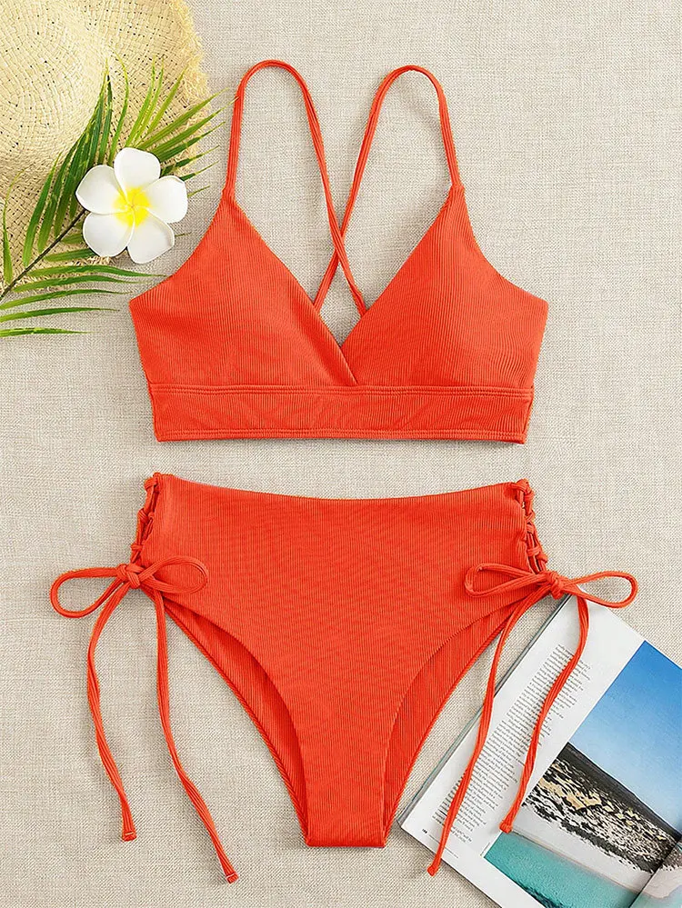 Cikini-V-Neck Split Bikini Set for Women, Sexy Swimsuit, Lace Up, Triangular Bikinis, Solid Color, Beach Swimwear, Bathing Suit thumbnail 5