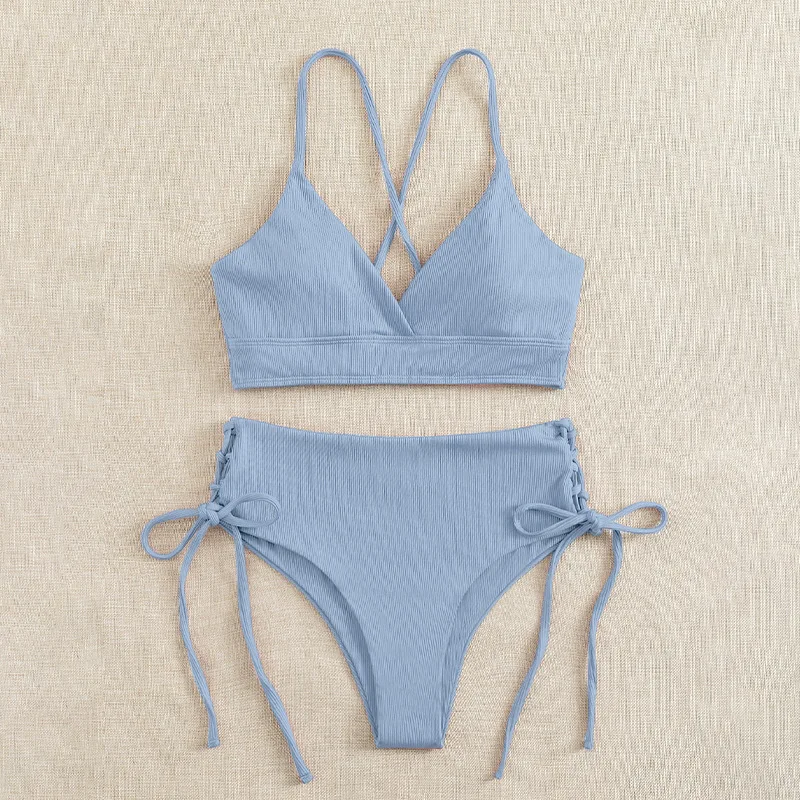 Cikini-V-Neck Split Bikini Set for Women, Sexy Swimsuit, Lace Up, Triangular Bikinis, Solid Color, Beach Swimwear, Bathing Suit thumbnail 6