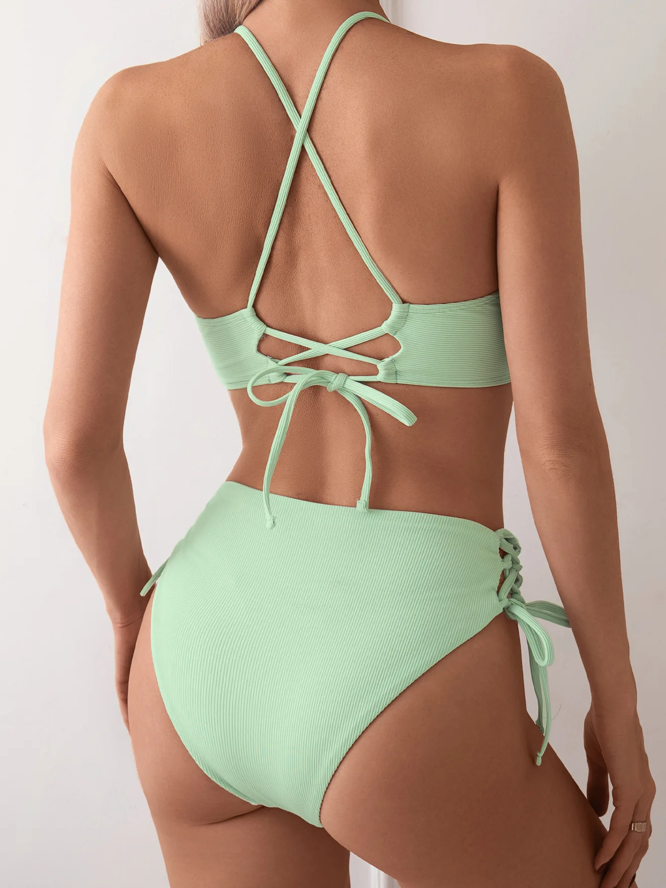 Cikini-V-Neck Split Bikini Set for Women, Sexy Swimsuit, Lace Up, Triangular Bikinis, Solid Color, Beach Swimwear, Bathing Suit thumbnail 4
