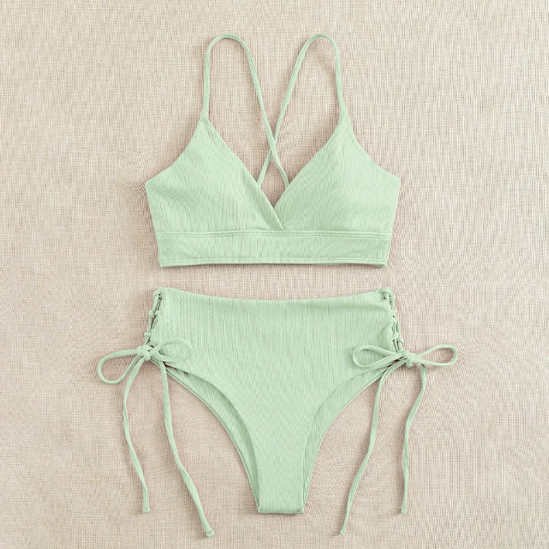 Cikini-V-Neck Split Bikini Set for Women, Sexy Swimsuit, Lace Up, Triangular Bikinis, Solid Color, Beach Swimwear, Bathing Suit thumbnail 2
