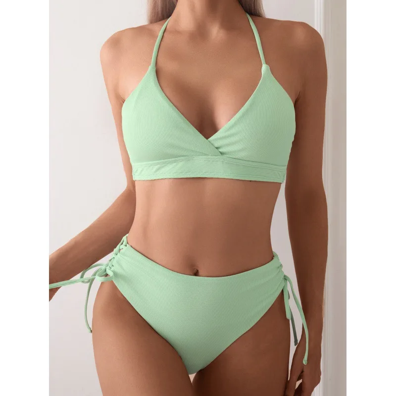 Cikini-V-Neck Split Bikini Set for Women, Sexy Swimsuit, Lace Up, Triangular Bikinis, Solid Color, Beach Swimwear, Bathing Suit thumbnail 3