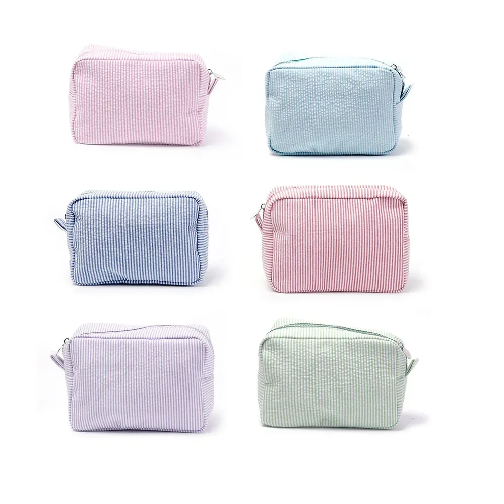 Seersucker Ruffle Cosmetic Bags Pink/Purple Striped Storage Make Up Bags for Women Lady with Zipper Travel Bag Makeup Bag thumbnail 2