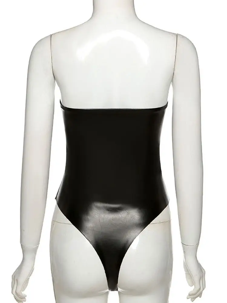 Strapless Eyelets Rivets Bandage Shiny PU Leather Catsuit High Cut Open Crotch Bodysuit Tight Sexy Clubwear Body Teddies Unitard thumbnail 6
