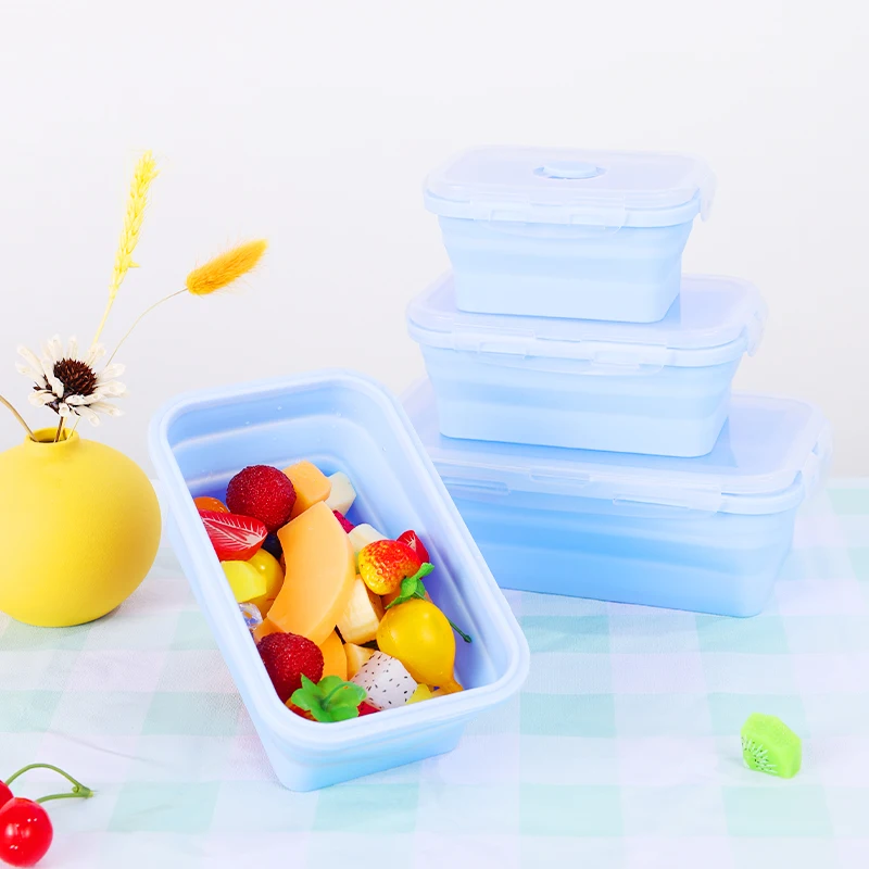 3Sizes Silicone Collapsible Lunch Box Food Storage Container Colorful Microwavable Portable Picnic Camping Rectangle Outdoor Box thumbnail 2