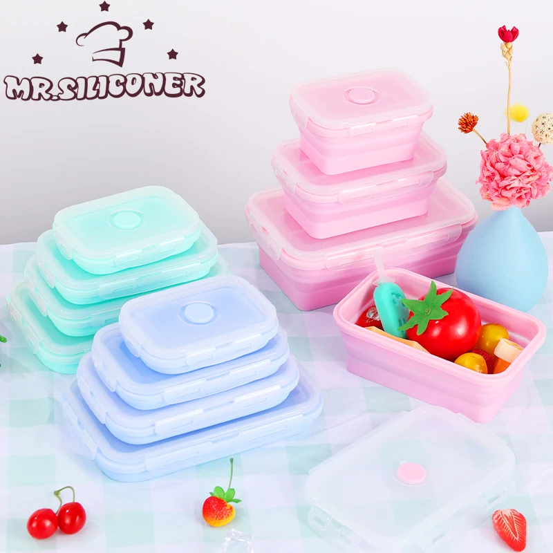 3Sizes Silicone Collapsible Lunch Box Food Storage Container Colorful Microwavable Portable Picnic Camping Rectangle Outdoor Box