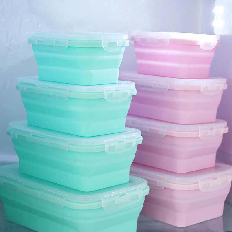 3Sizes Silicone Collapsible Lunch Box Food Storage Container Colorful Microwavable Portable Picnic Camping Rectangle Outdoor Box thumbnail 6