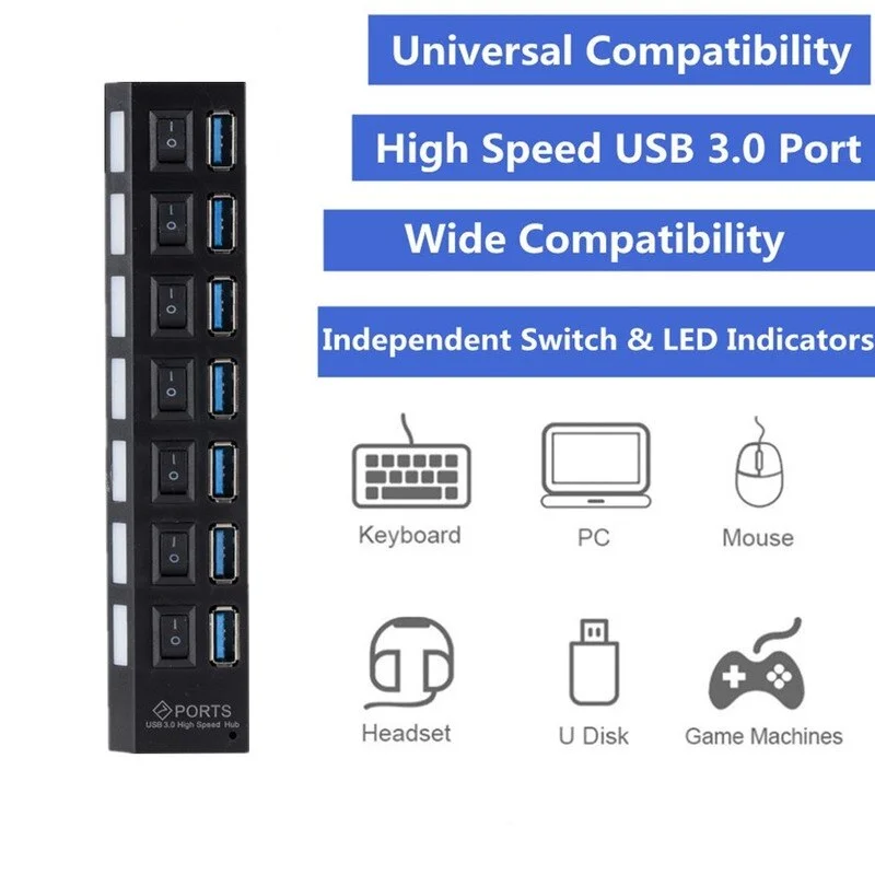 GRWIBEOU USB 3.0 Hub USB Hub 3.0 Use Power Adapter Multi USB Splitter 7 Port Multiple 3 Hab Expander USB Hub with Switch for PC thumbnail 3