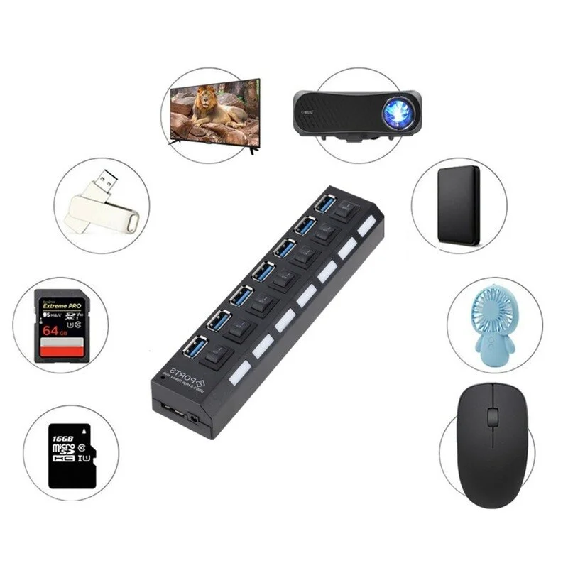 GRWIBEOU USB 3.0 Hub USB Hub 3.0 Use Power Adapter Multi USB Splitter 7 Port Multiple 3 Hab Expander USB Hub with Switch for PC thumbnail 4