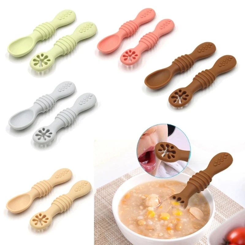 2PCS Cute Baby Learning Spoons Utensils Set Food Grade Silicone Sticky Spoon Children Cutlery Training Spoon Feeding Tableware thumbnail 5