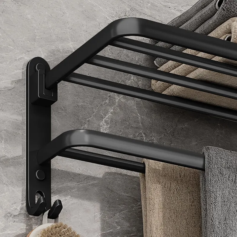 Matte Black 50CM Folding Holder With Hook Towel Holder Wall Mount AluminumTowel Rack thumbnail 5