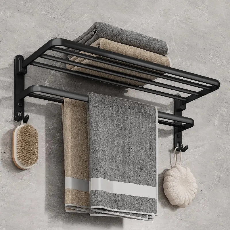 Matte Black 50CM Folding Holder With Hook Towel Holder Wall Mount AluminumTowel Rack thumbnail 6