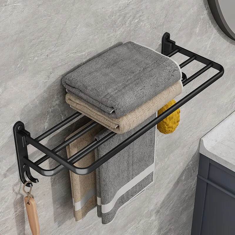 Matte Black 50CM Folding Holder With Hook Towel Holder Wall Mount AluminumTowel Rack thumbnail 3