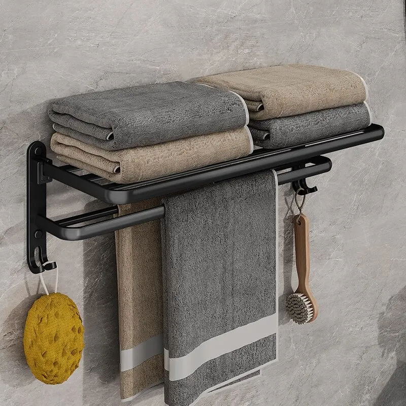 Matte Black 50CM Folding Holder With Hook Towel Holder Wall Mount AluminumTowel Rack thumbnail 2
