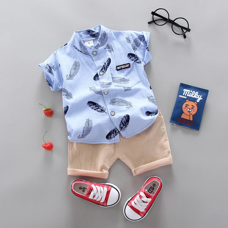 0-3 Year Old Baby Summer Feather Print Shirt Short Sleeve Suit thumbnail 3