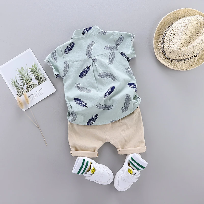 0-3 Year Old Baby Summer Feather Print Shirt Short Sleeve Suit thumbnail 2