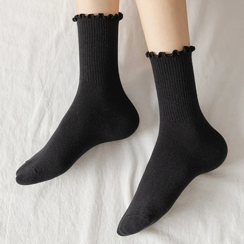5 pair /Lot Socks for Women Ruffle Cotton Middle Tube Ankle Short Breathable Black White set Spring Autumn thumbnail 5
